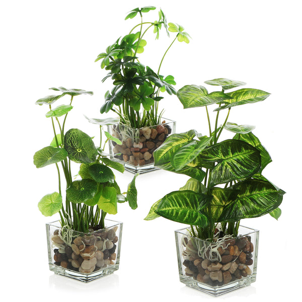 Set of 3 Artificial Plants, Faux Tabletop Greenery w/Clear Glass Pots