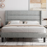 Queen Bed Frame, Upholstered Platform Bed Frame with Wingback, Wood Slats Support