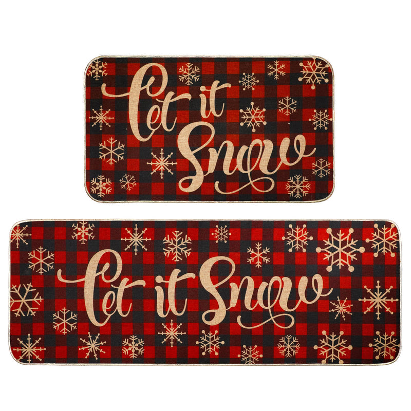 Christmas Kitchen Rug Sets 2 Piece Let It Snow Christmas Plaid Waterproof Non-Slip Kitchen Mats