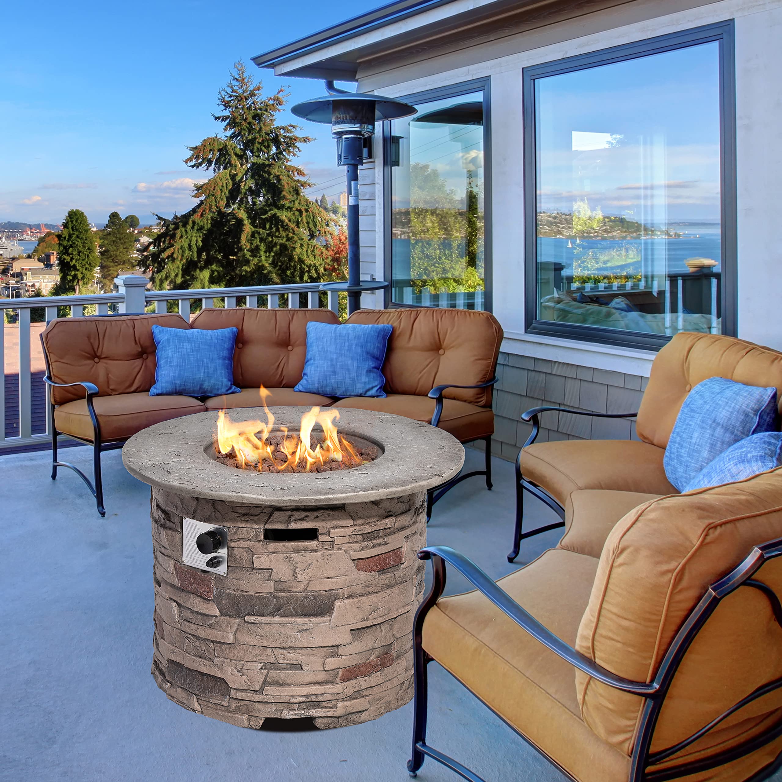 Outdoor Fire Pit Table,32-inch Imitation Stone Round Concrete Fire Pit
