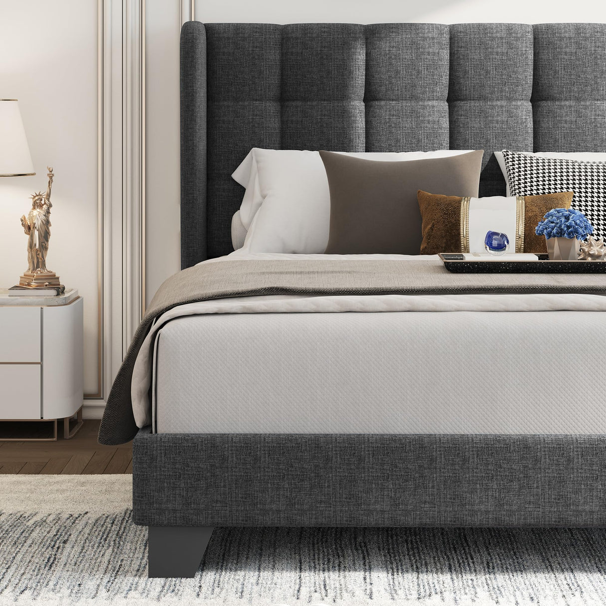 Queen Size Wingback Upholstered Platform Bed Frame