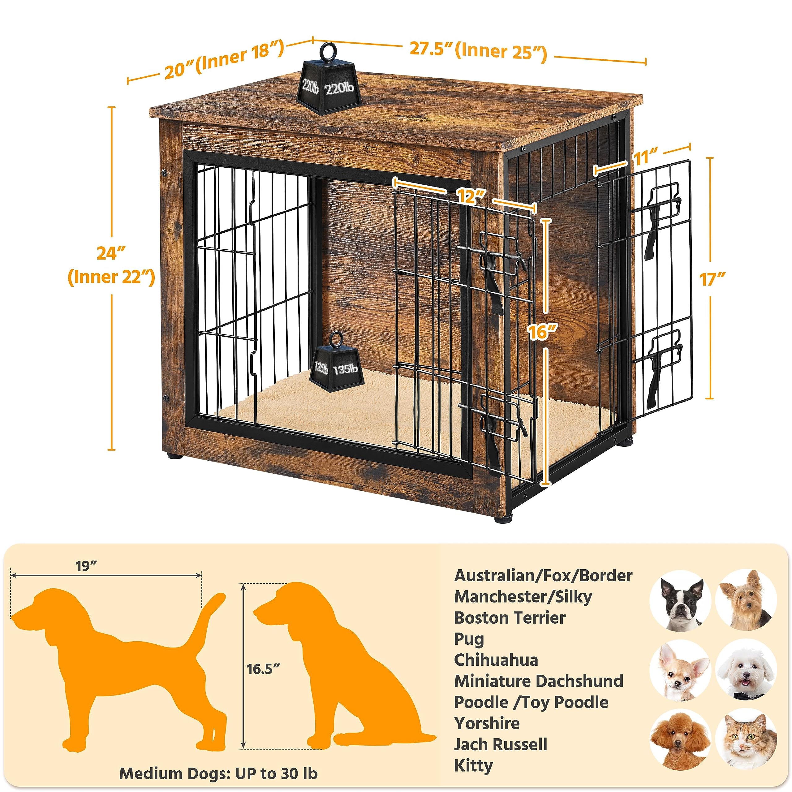 27.5'' Dog Crate Furniture with Cushion Wooden Dog Crate with Double Doors/Adjustable