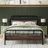 Queen Size Metal Bed Frame with Round Wooden Headboard and Footboard