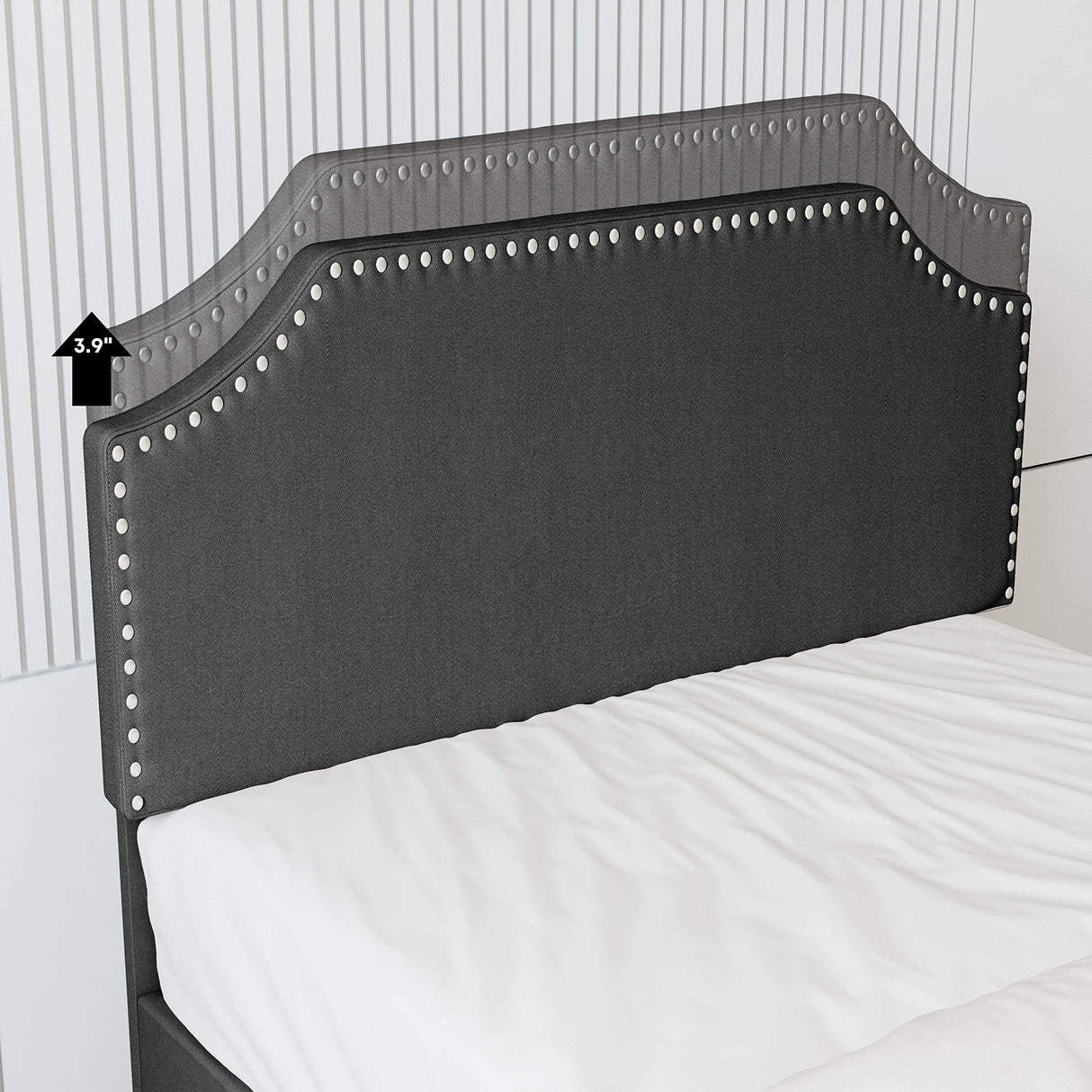 Upholstered Platform Twin Bed Frame with Nailhead Trim Headboard, Height Adjustable