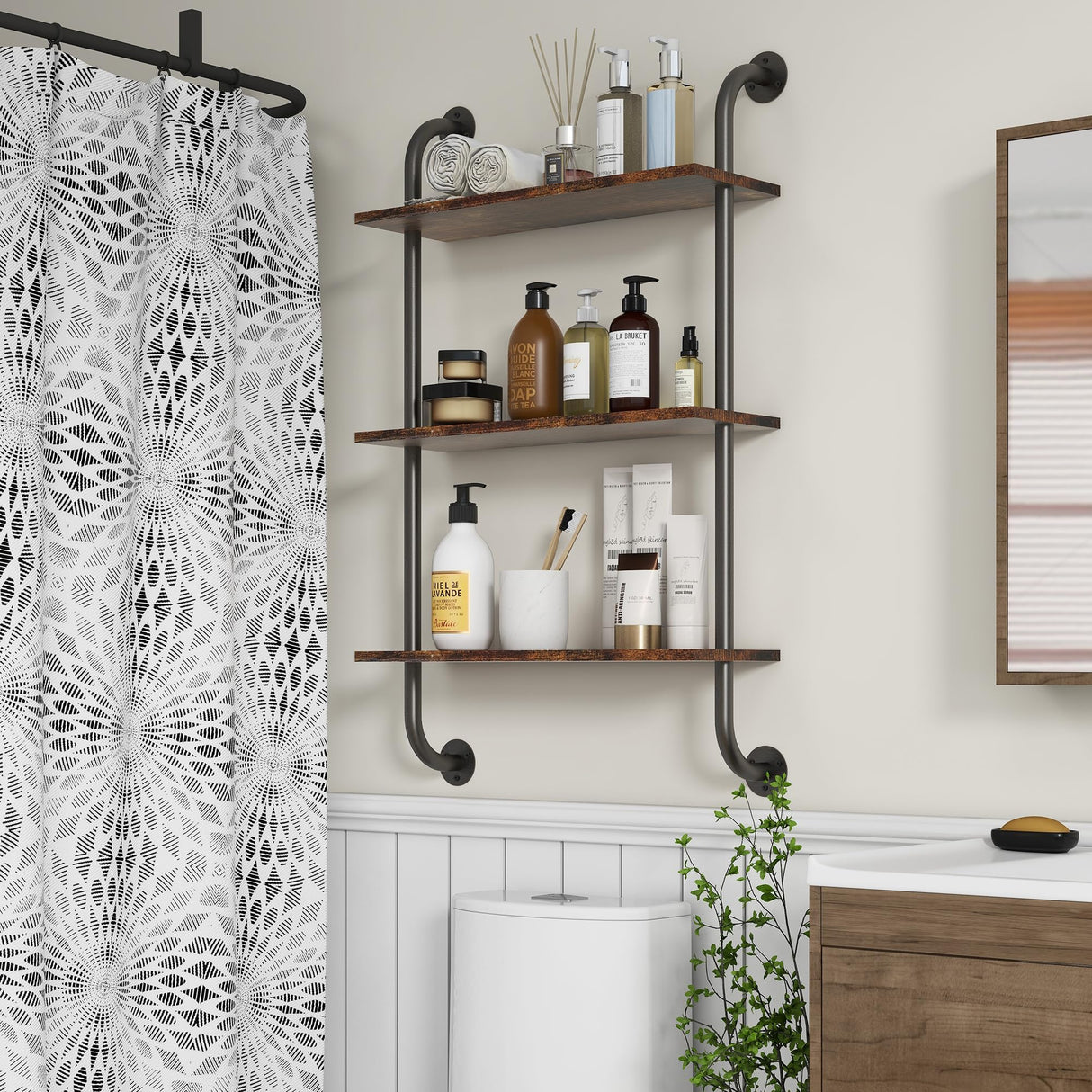 3 Tier Bathroom Floating Shelves 24 Inch, Over The Toilet Storage Shelf, Industrial Pipe