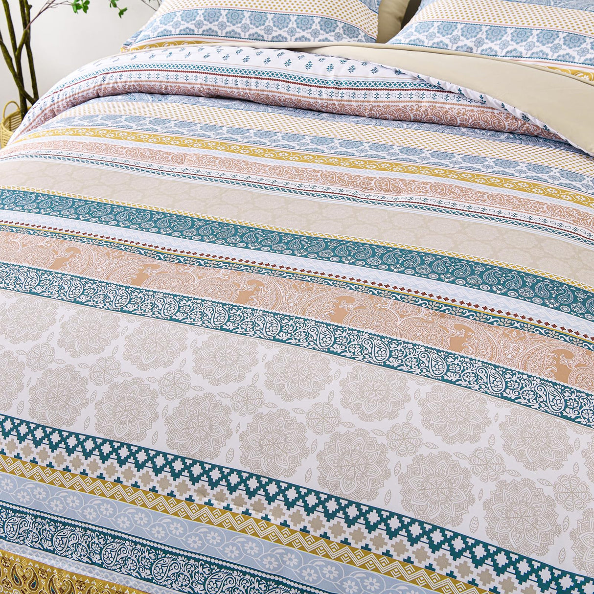 Boho Comforter Set Full Size 8 Piece Bed in a Bag Bohemian Striped Bedding Quilt Set Aqua Paisley