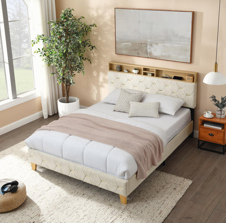 Queen Bed Frame with Storage Shelves & USB Charging Ports Headboard