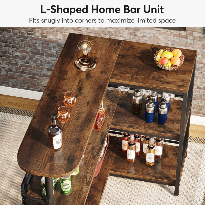 L-Shaped Home Bar Unit, 3 Tier Liquor Bar Table with Storage Shelves
