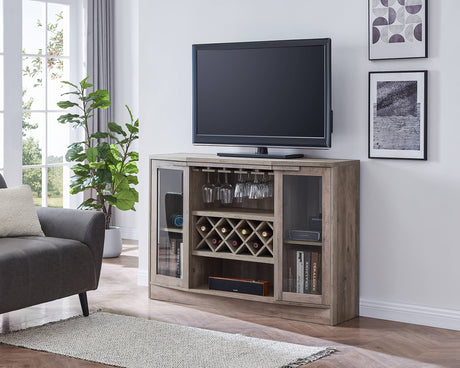 Jill Zarin Bar Cabinet with Two Curved Glass Doors in Stone Grey Finish