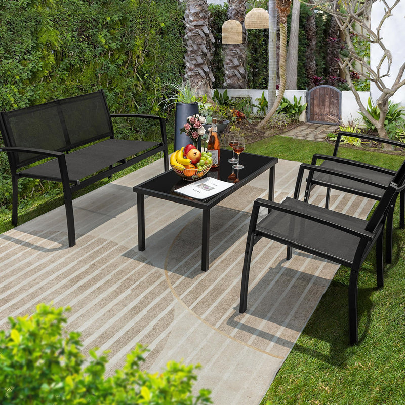 4 Pieces Outdoor Patio Furniture Textilene Modern Conversation Black Bistro Set