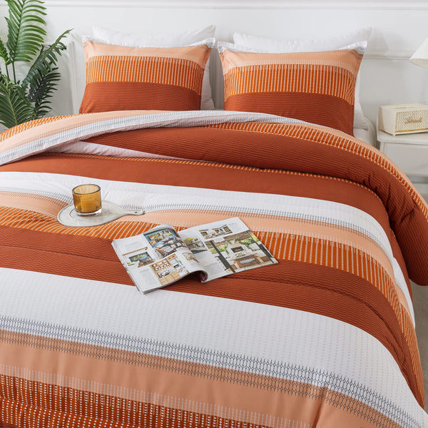 Stripe Comforter Set Full Size (79x90 Inch), 3 Pieces Terracotta Patchwork