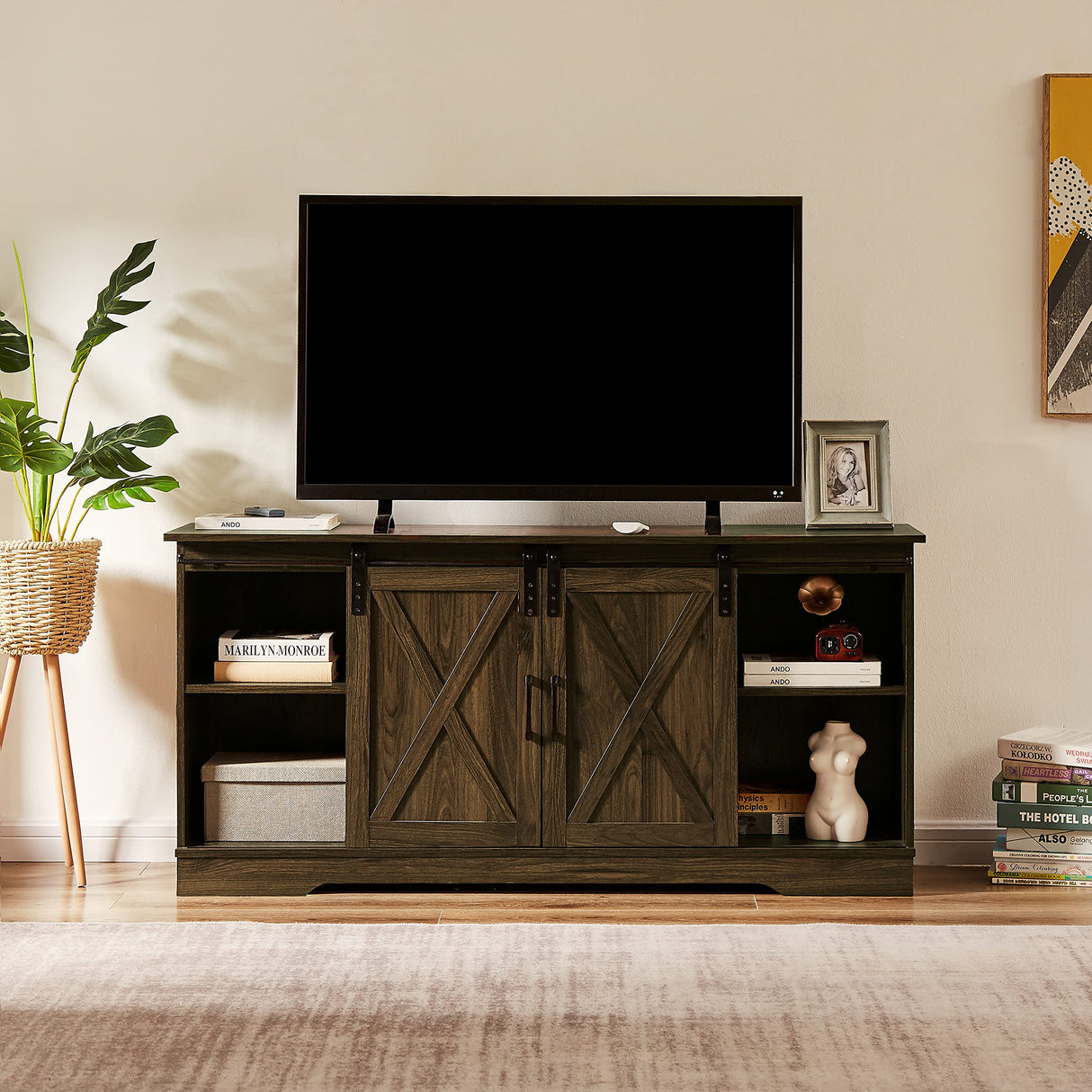 Farmhouse TV Stand for 65+ Inch TV, Entertainment Center Sliding Barn Door