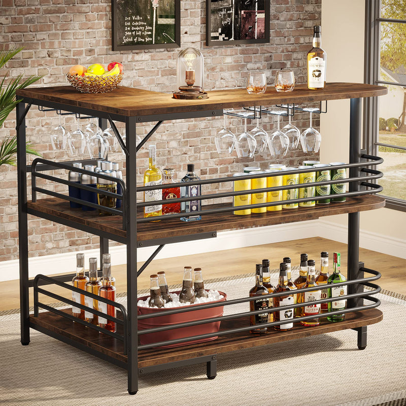 L-Shaped Home Bar Unit, 3 Tier Liquor Bar Table with Storage Shelves