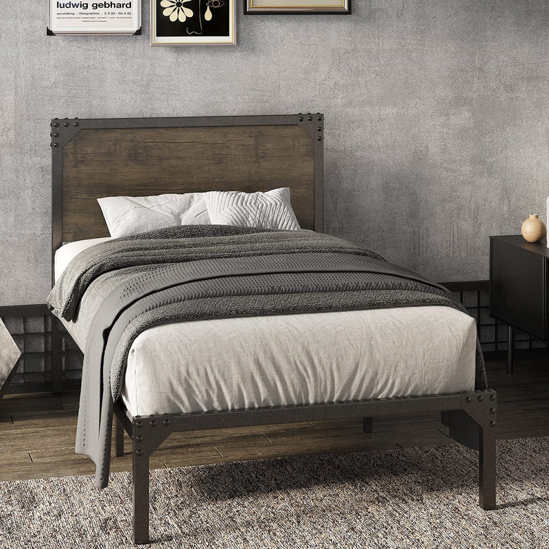 Twin Size Bed Frame with Wood Headboard, Metal Platform Bed Frame with Storage