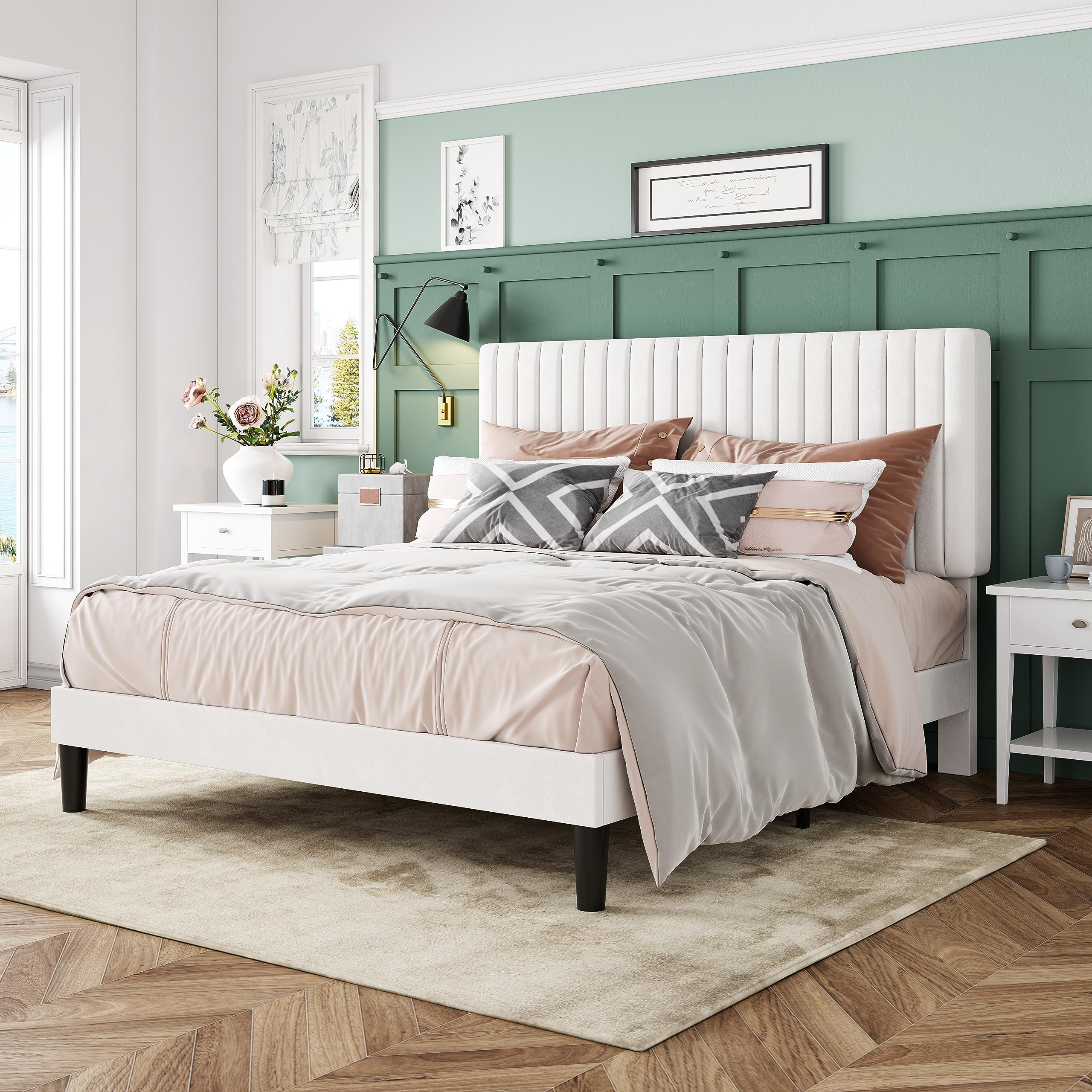 Queen Bed Frame, Velvet Upholstered Platform Bed with Adjustable Vertical Channel
