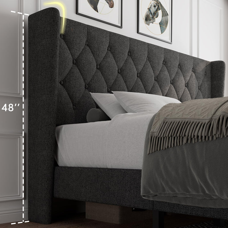 King Size Bed Frame with Upholstered Wingback, Platform Bed Frame