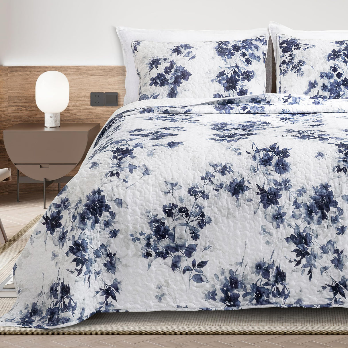 Cotton Quilt Set Queen Size Floral Quilts Navy Blue & White Bedding Sets, 3 Piece