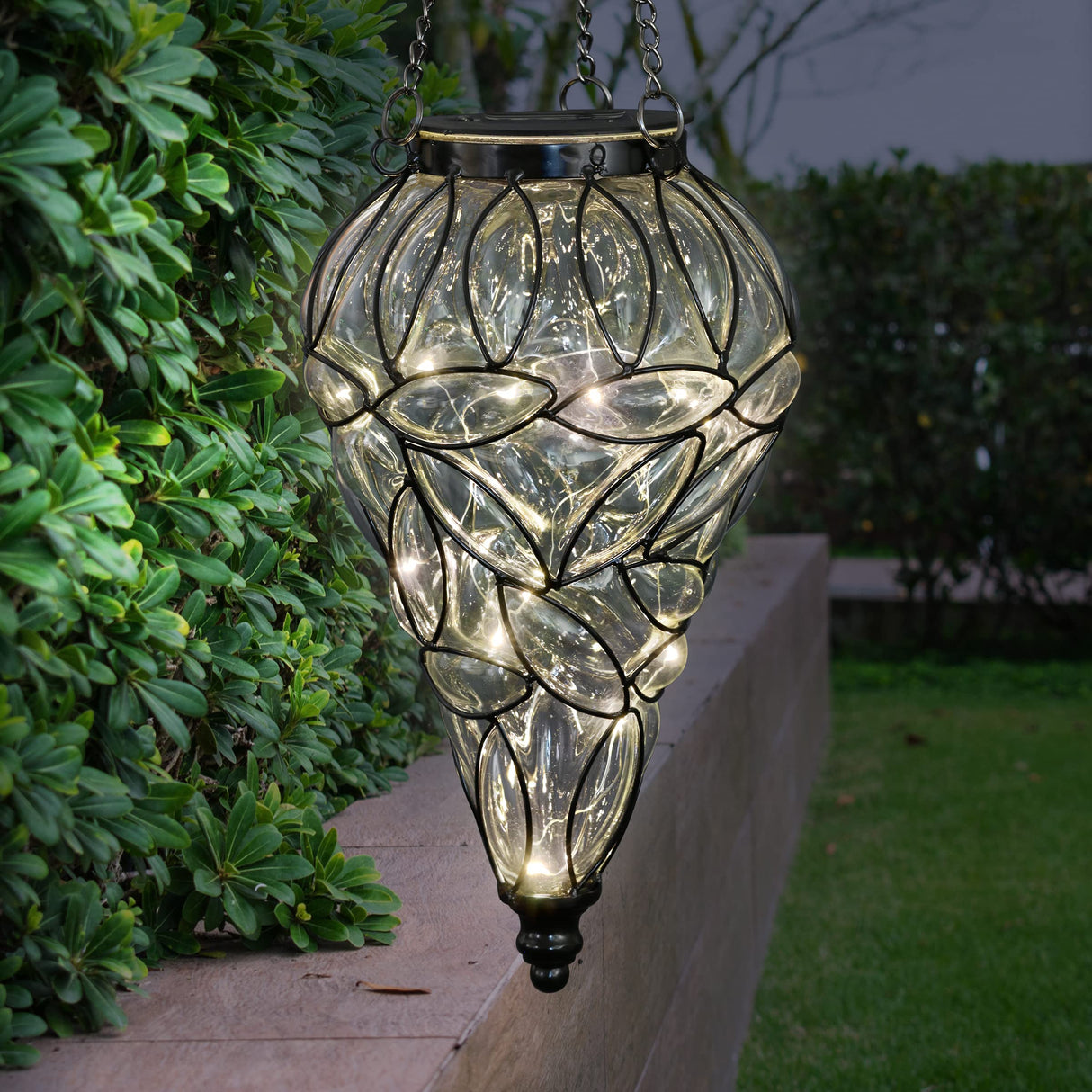 Outdoor Garden Solar Lights, Tear-Shaped Glass Metal Hanging Lantern