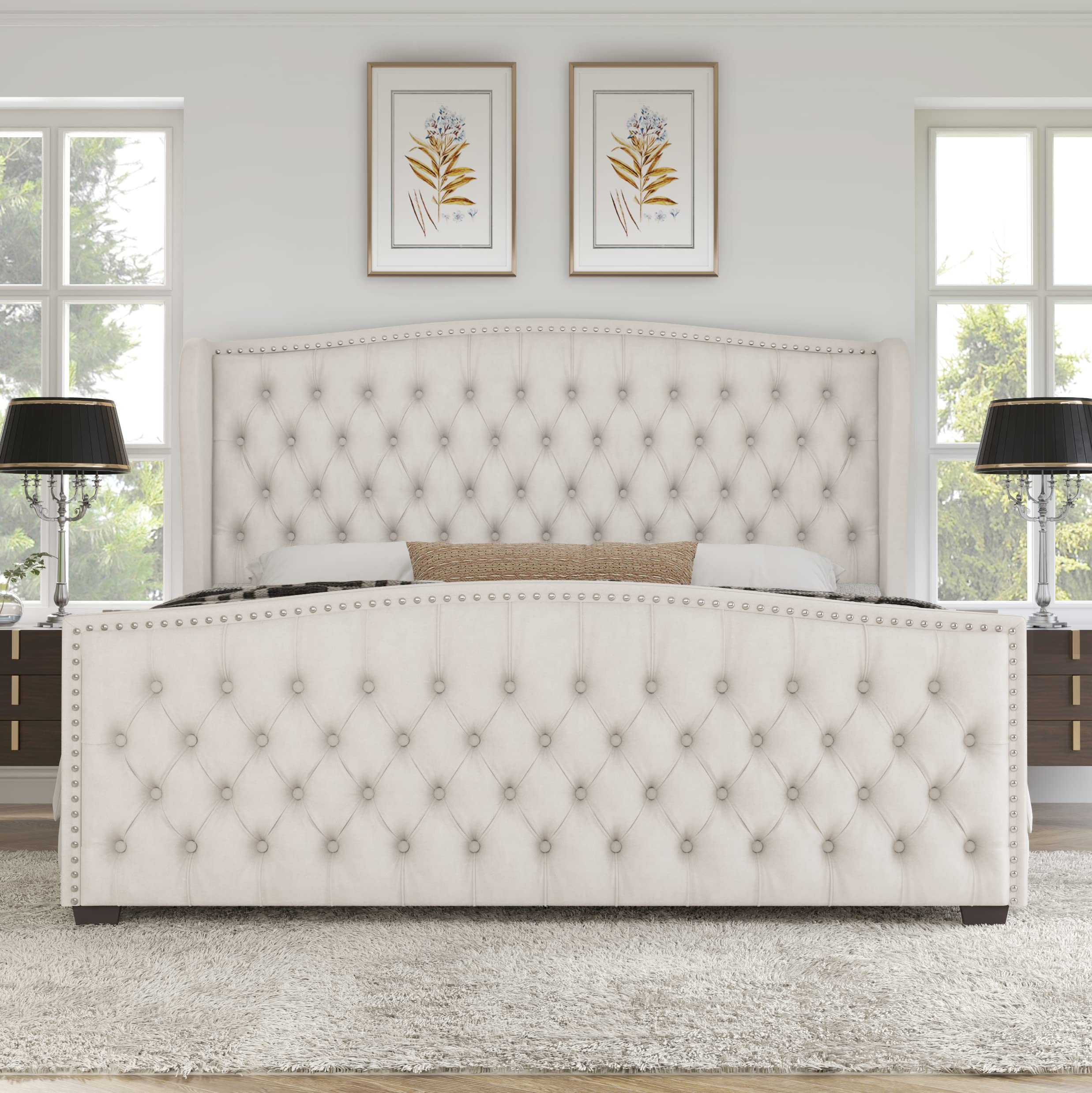 Luxury Velvet Upholstered Platform Bed, Tufted Wingback Headboard