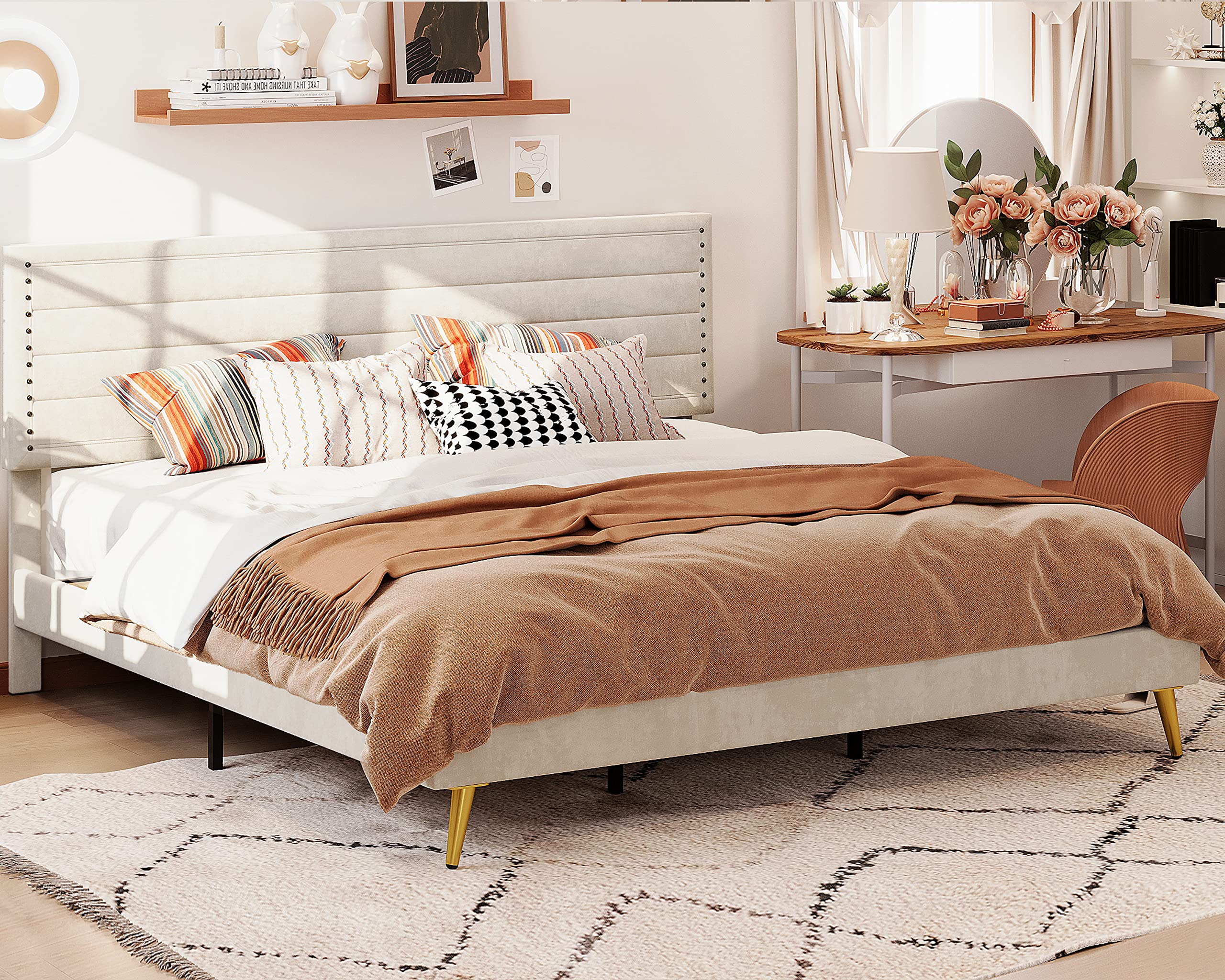 King Size Bed Frame, Upholstered Platform Bed King with Headboard Heavy Strong Metal
