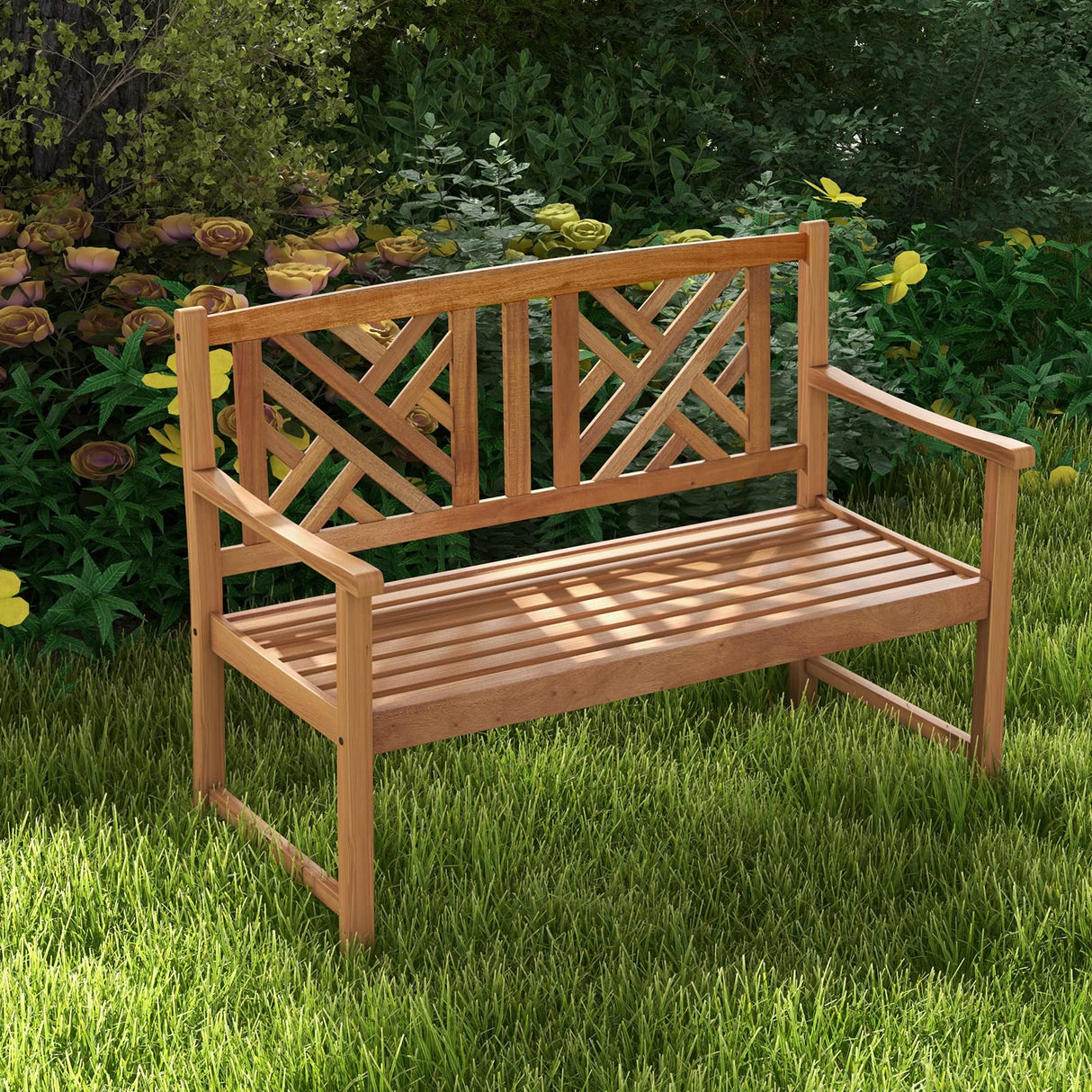 Wooden Garden Bench - 2-Person Acacia Wood Bench, Outside Slats Loveseat