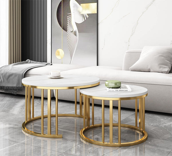 Round Nesting Coffee Table Set of 2 Modern Cocktail Table with Metal Frame