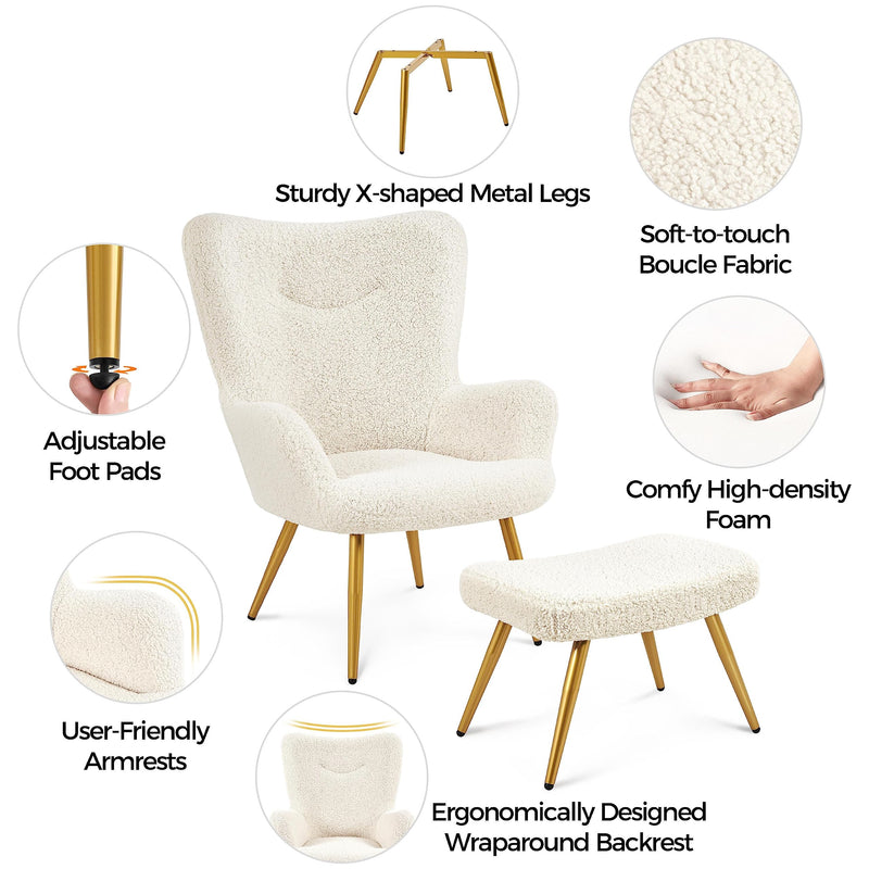Accent Chair and Ottoman Set, Sherpa Armchair with Golden Metal Legs and High Back, Footstool