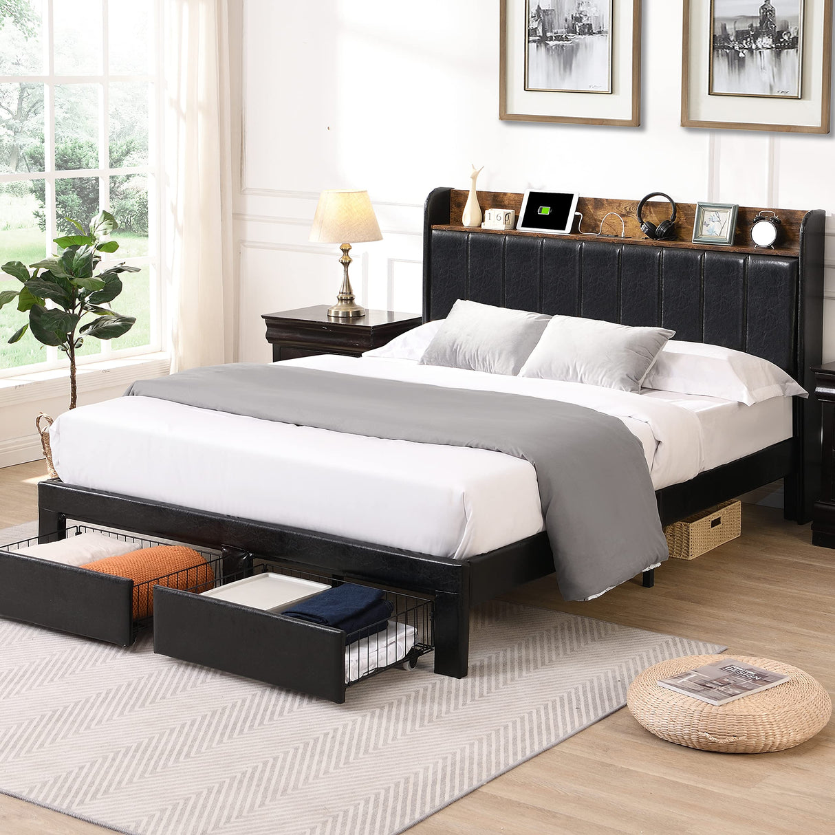 Upholstered Bed Frame Queen Size with Headboard, Platform Queen Bed Frame