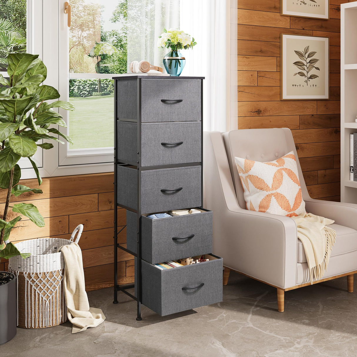 Fabric Dresser, 5-Drawer Tall Dresser for Bedroom, Storage Dresser Organizer