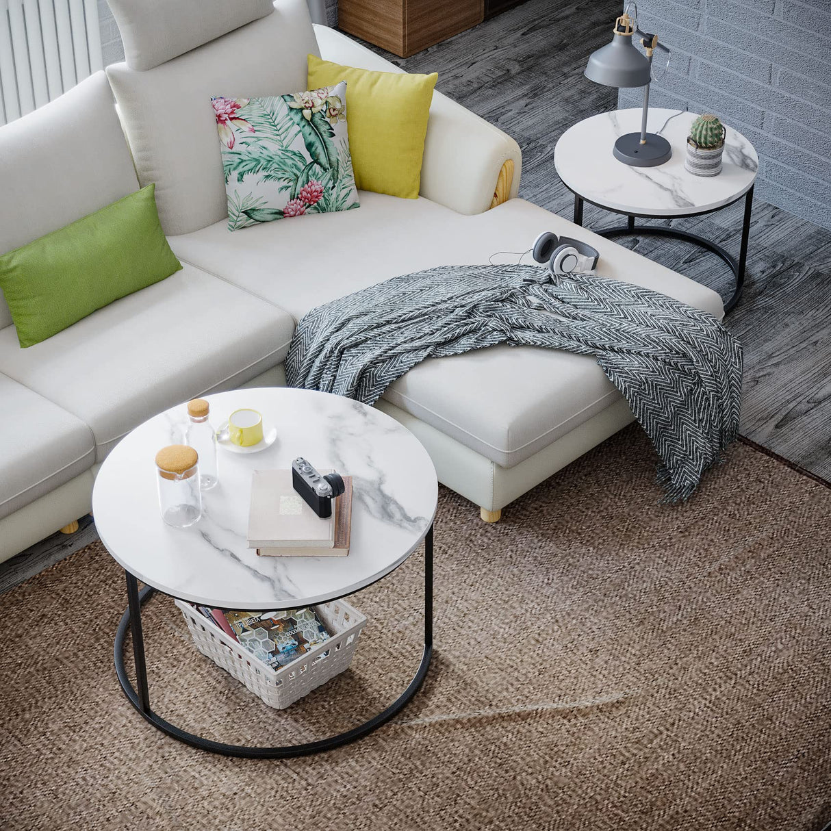 Round Nesting Coffee Table, 31.5" White Modern Accent