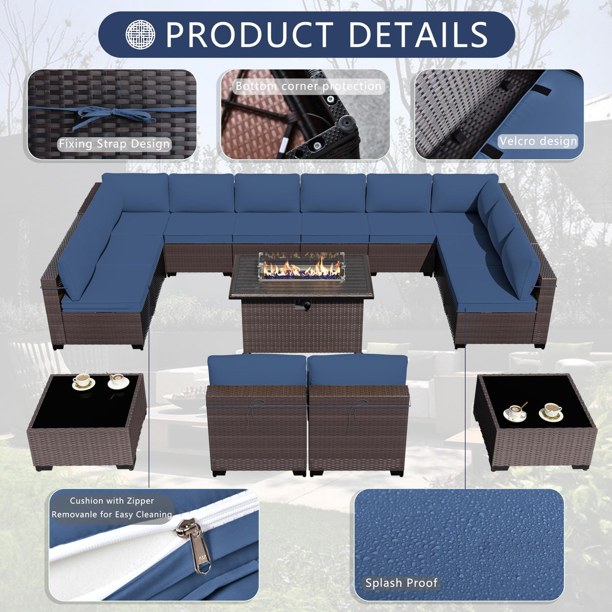 Outdoor Patio Furniture Set with Gas Fire Pit Table, 13 Pieces Patio Sectional Sofa