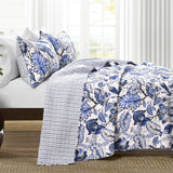 Cynthia Jacobean Quilt 3 Piece Reversible Bedding Set, King, Blue