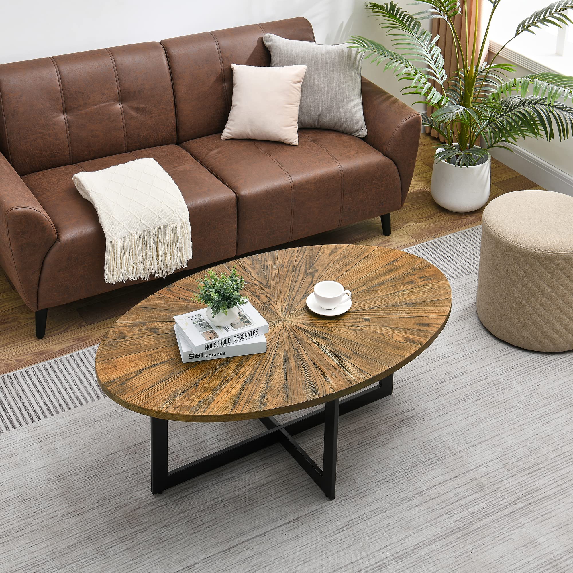 Solid Wood Oval Coffee Table with Metal Legs, 47.9