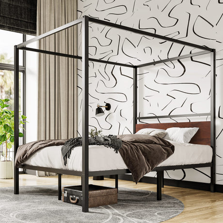 Full Size Metal Canopy Bed Frame with Wooden Headboard, 4-Poster