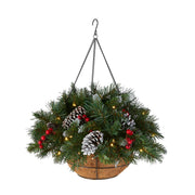 Pre-Lit Artificial Hanging Basket, , Decorated With Frosted Pine Cones