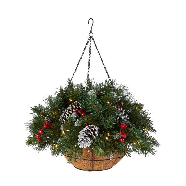 Pre-Lit Artificial Hanging Basket, , Decorated With Frosted Pine Cones, Berry Clusters