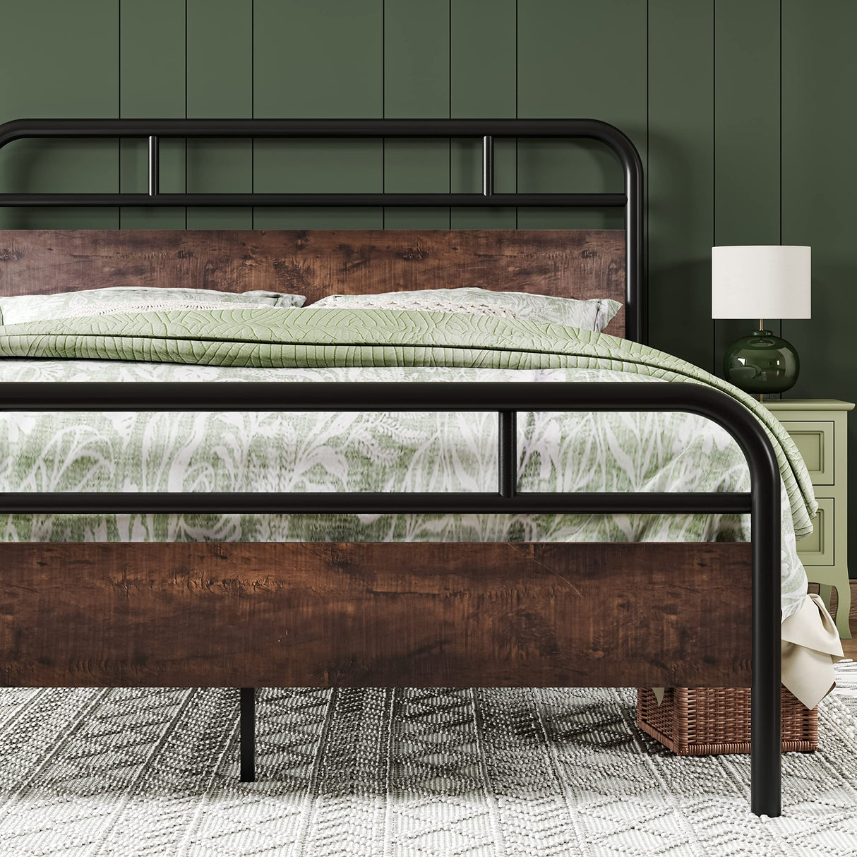 Queen Size Metal Bed Frame with Round Wooden Headboard and Footboard