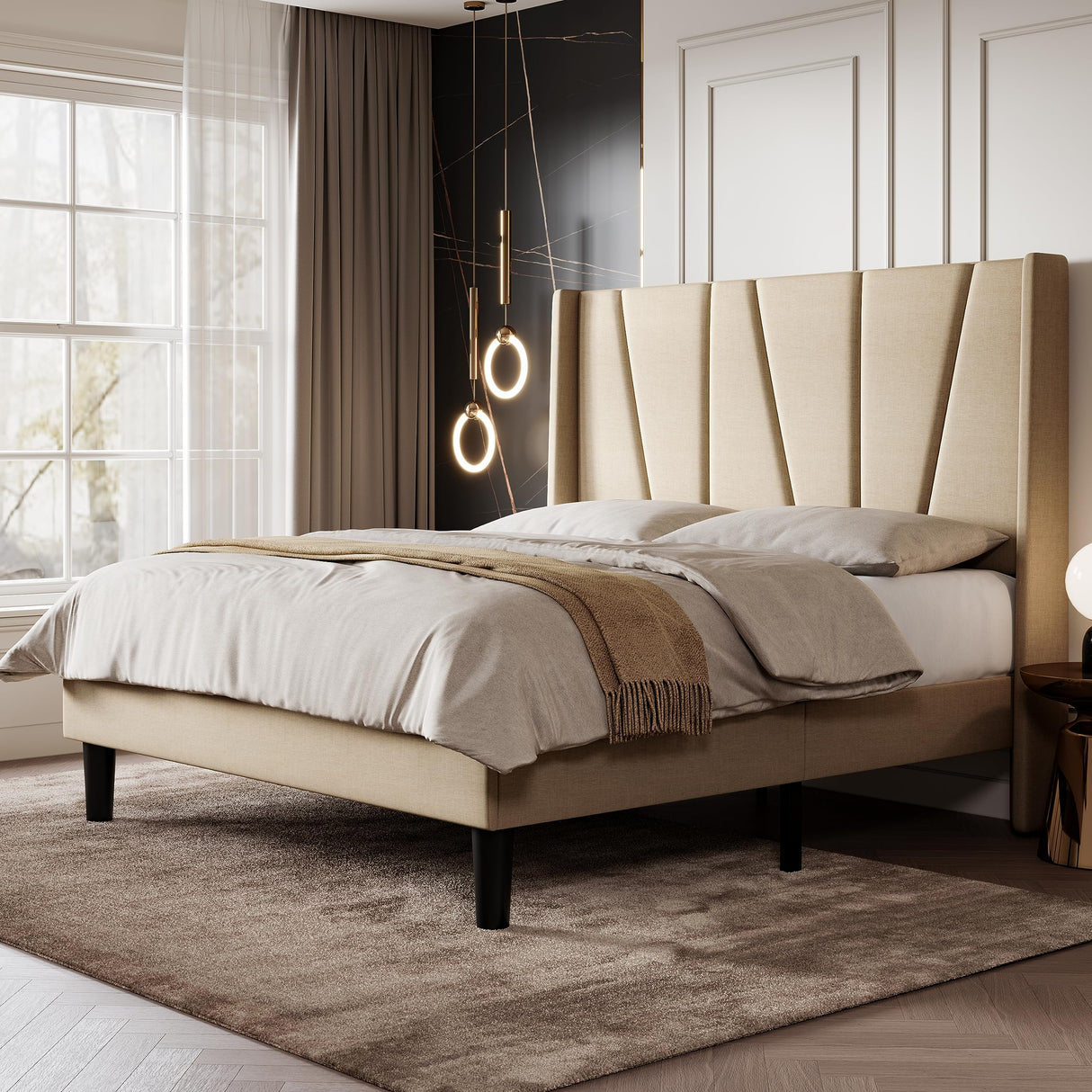 Queen Size Bed Frame with Geometric Wingback Headboard