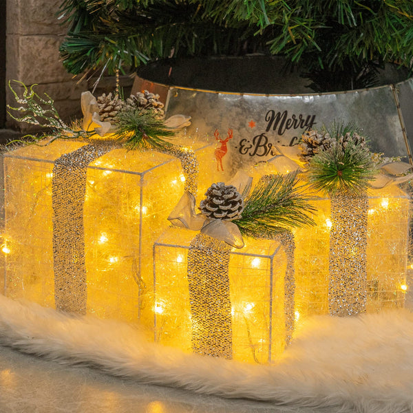 Set of 3 Christmas Lighted Gift Boxes, Pre-lit 60 LED Light Up Present Boxes Ornament
