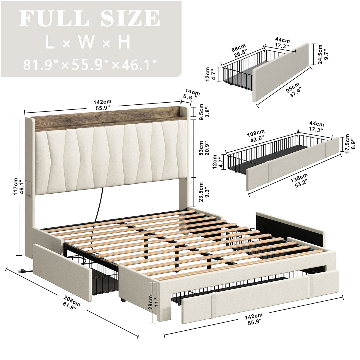 Full Size Bed Frame with 3 Drawers, Upholstered Platform Bed with Storage Headboard