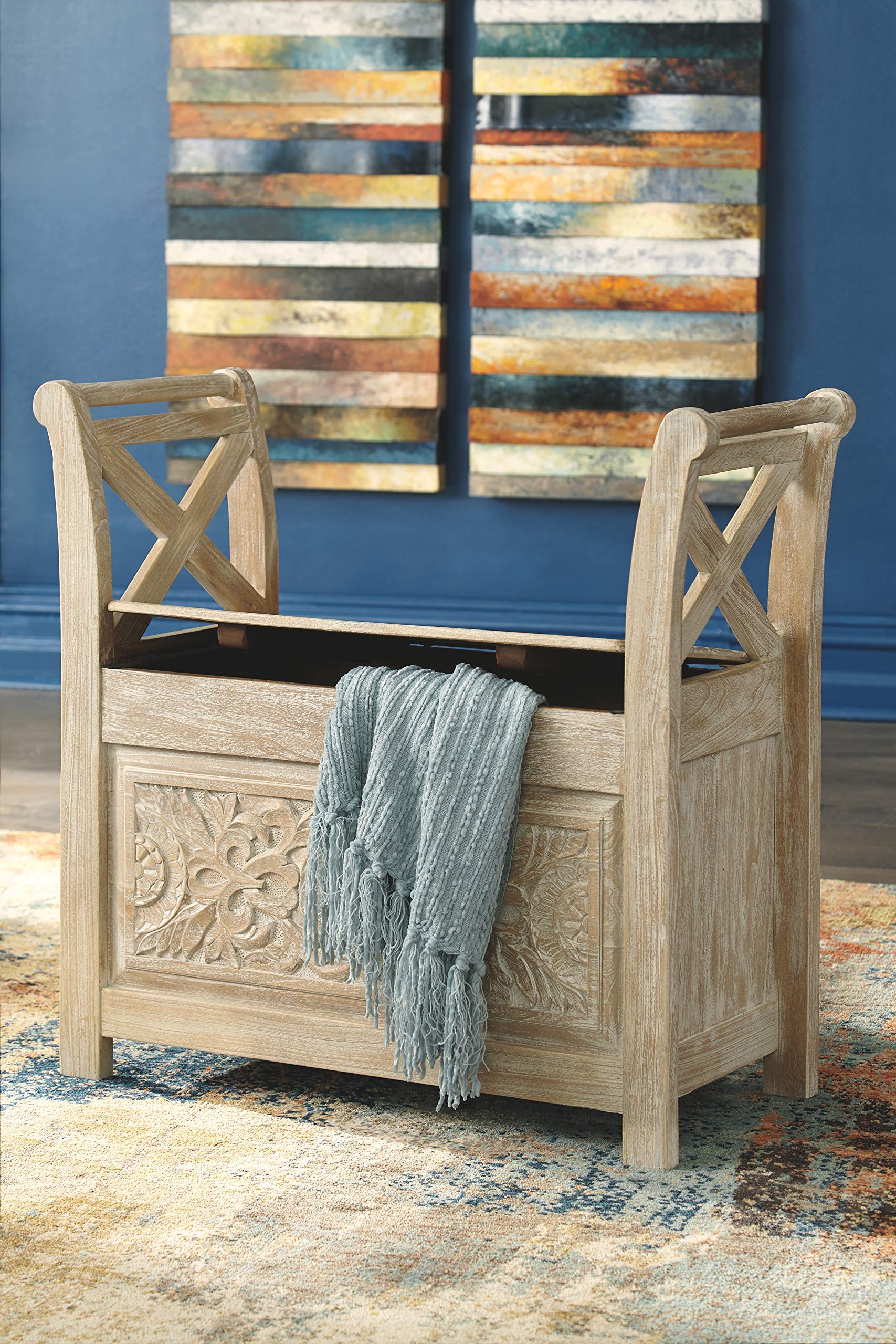 Fossil Ridge Boho Storage Accent Bench, Vintage White