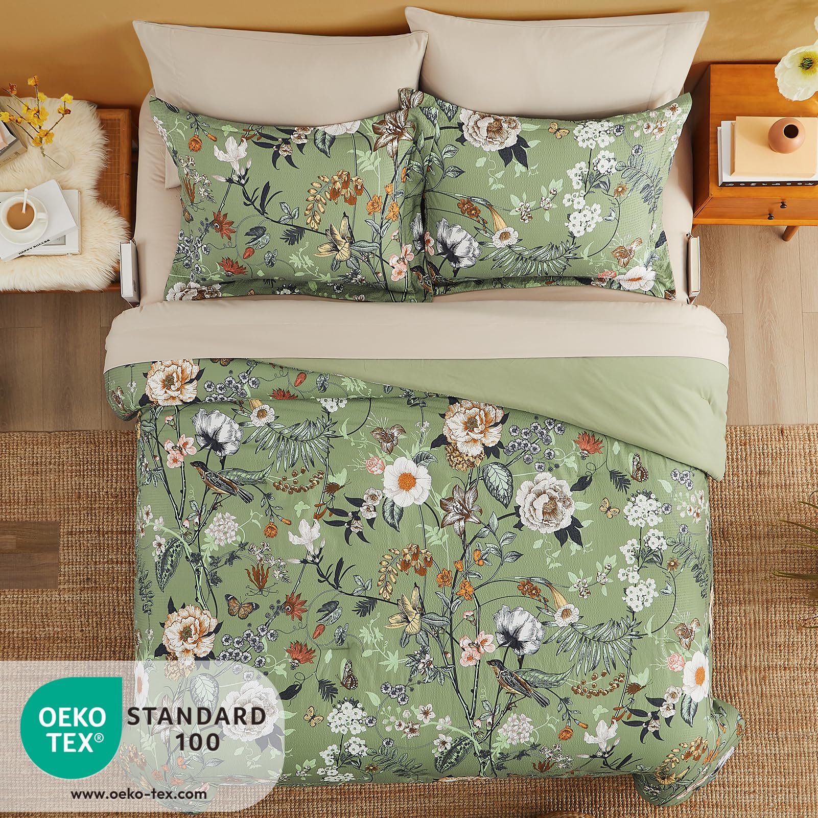 Queen Comforter Set, 7 PCS Green Butterfly Floral Comforter Set