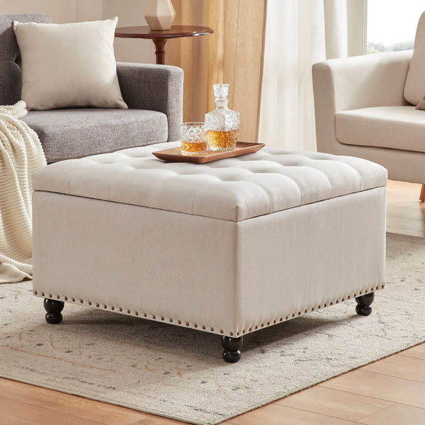 Large Square Storage Ottoman Bench, Tufted Upholstered Coffee Table Ottoman with Storage