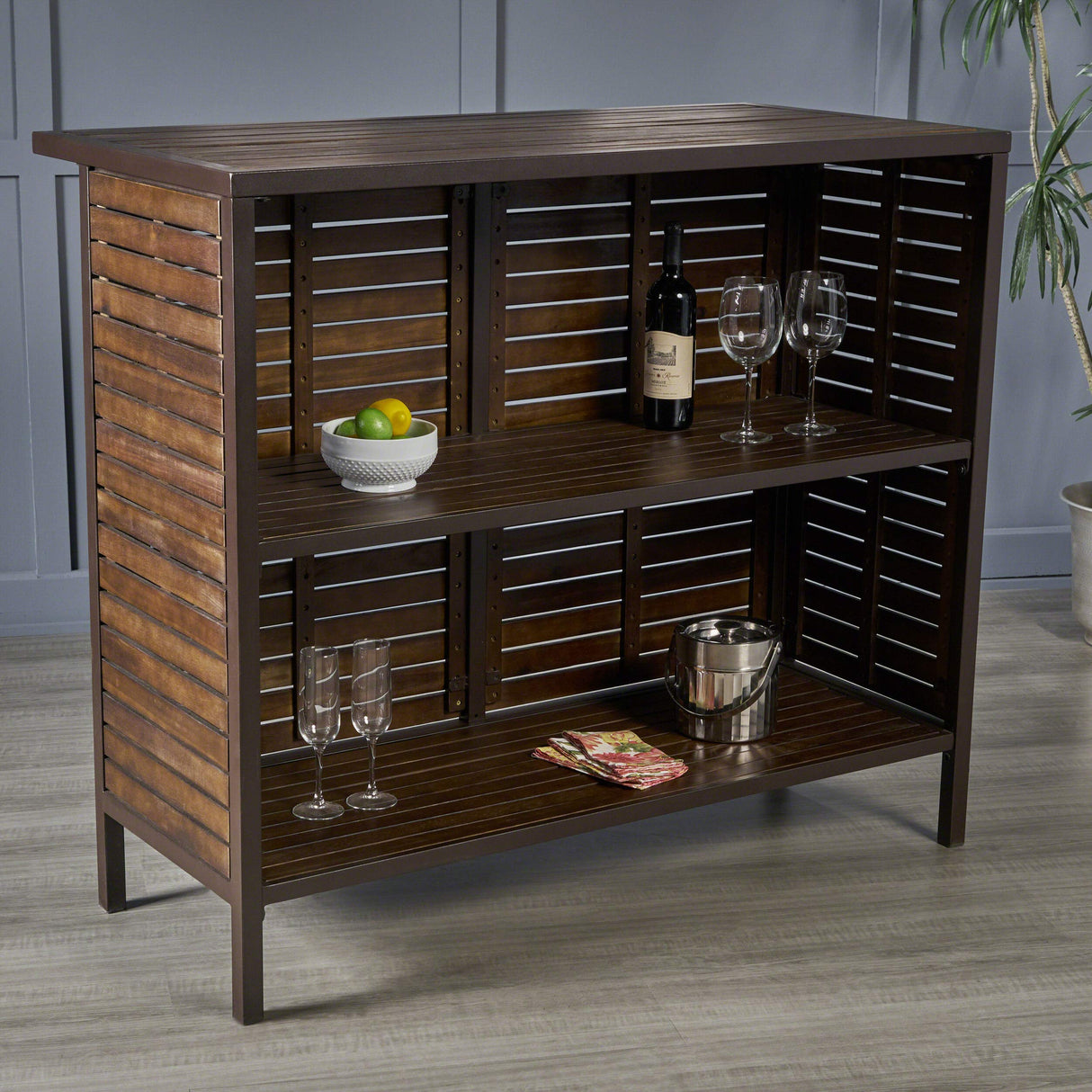 Leni Indoor Acacia Bar Set with Rustic Metal Finish Accents