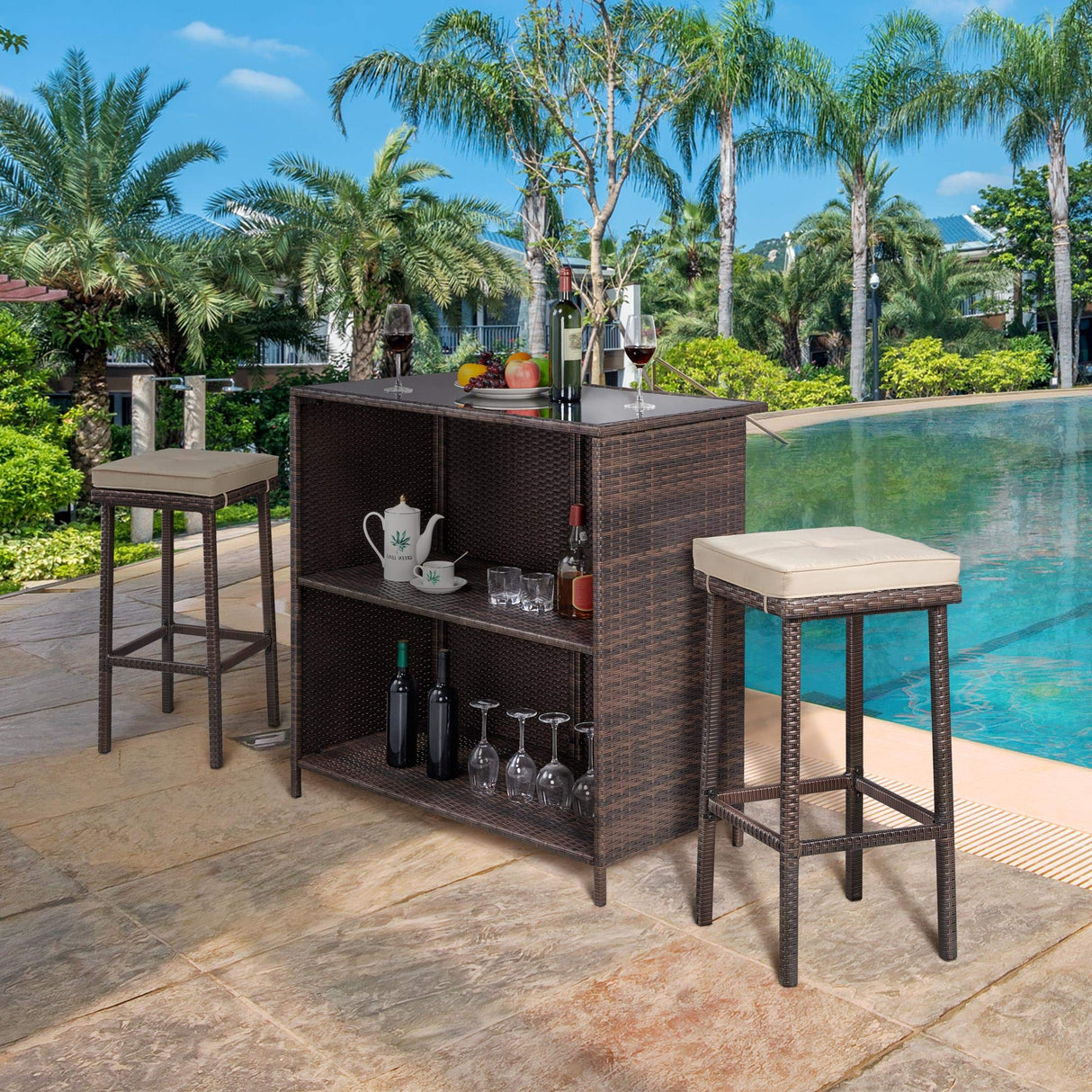 3pcs Patio Bar Set, Outdoor Wicker Bar Furniture