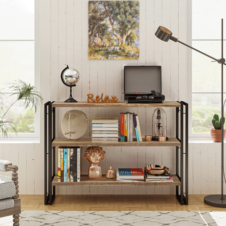 Bookshelf Industrial 3 Shelf Bookcase, Wood Storage Shelf with Metal Frame