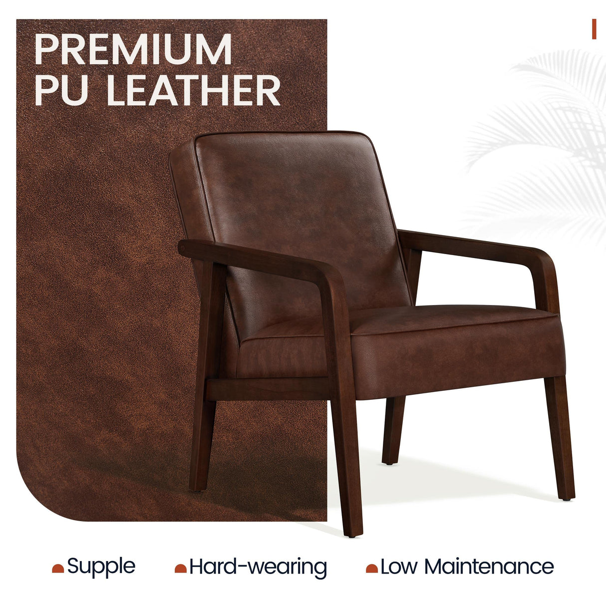 PU Leather Accent Chair, Mid-Century Modern Barrel Chair with Wooden Frame