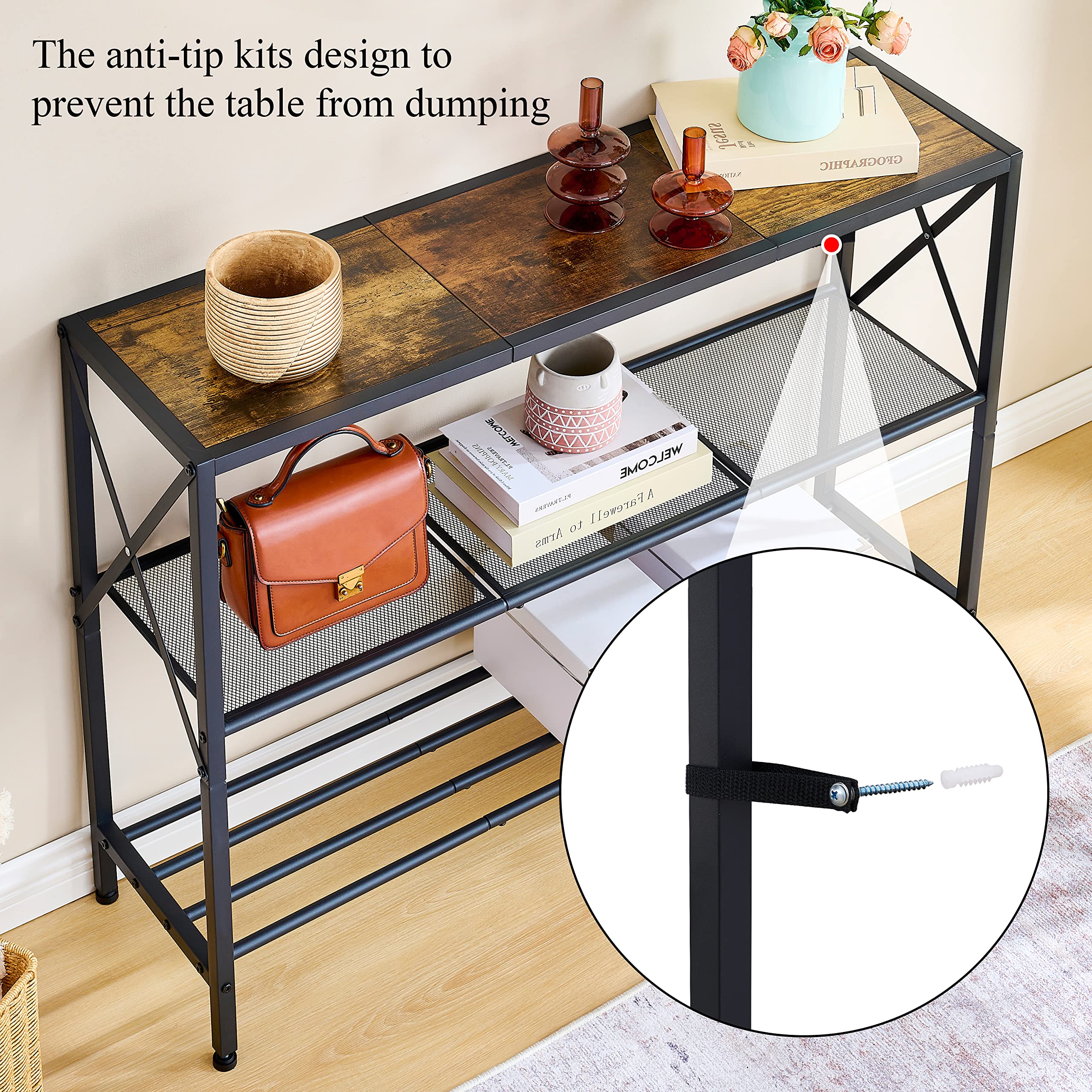 Industrial Console Table, 3 Tier Entryway Table, Hallway Table
