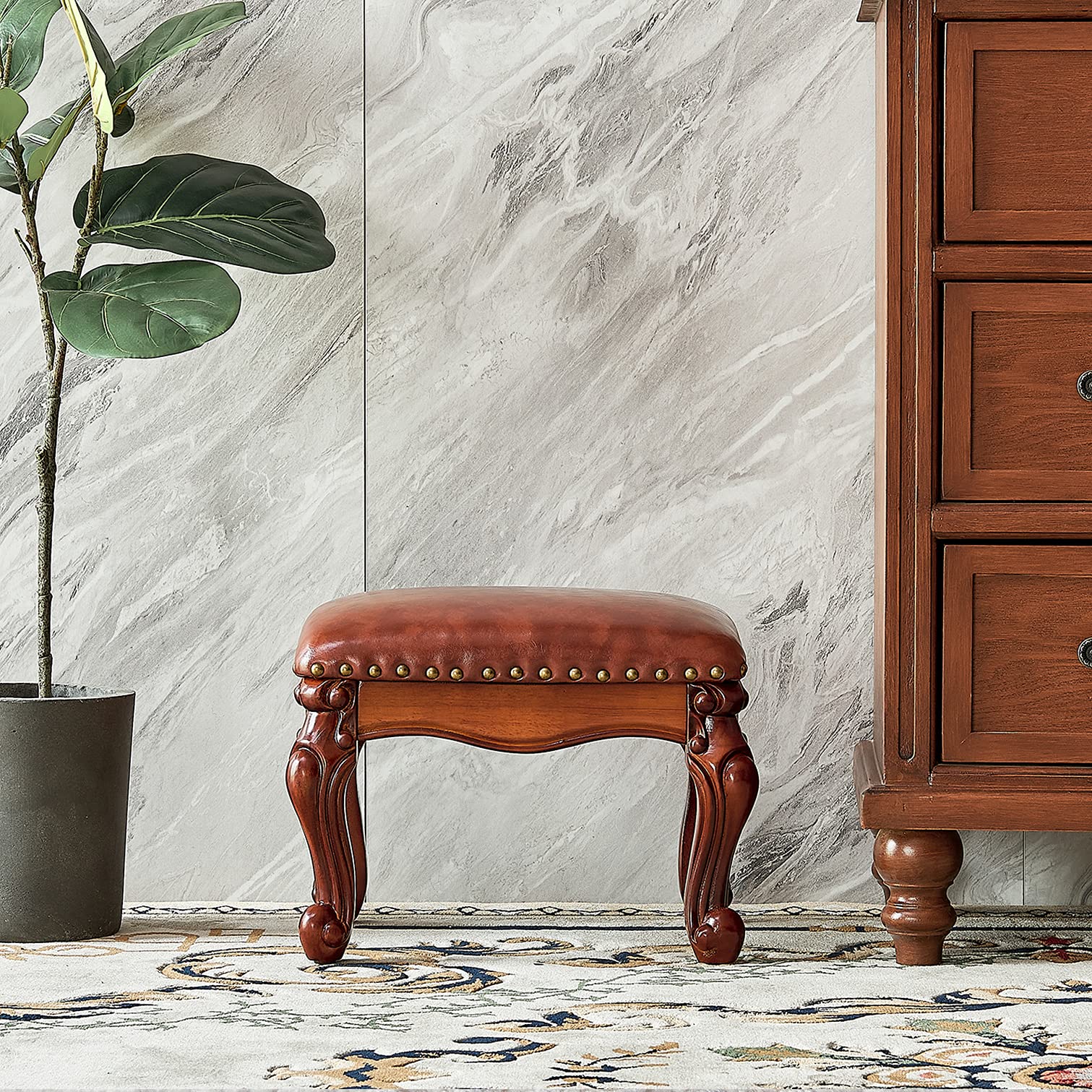 Foot Stool Microfiber Leather Ottoman Wooden Vintage Stool