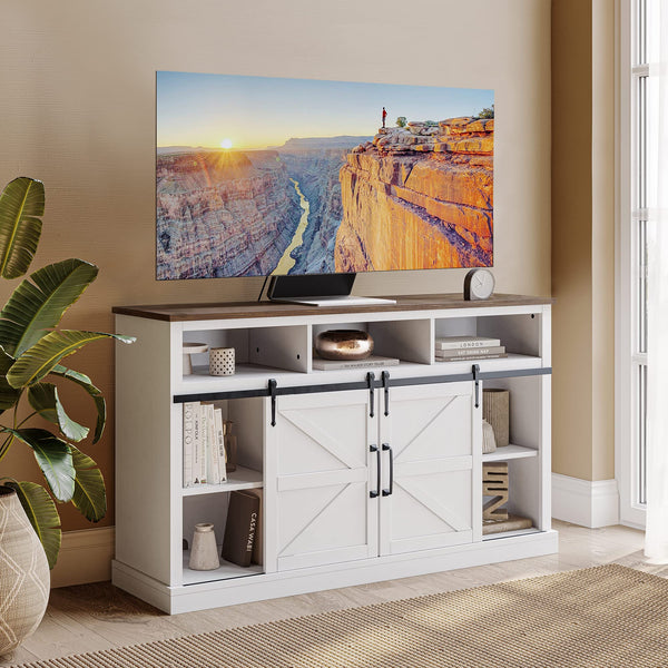 52" TV Stand for TVs Up to 55", Sliding Barn Door TV Stand with Adjustable Side Shelves